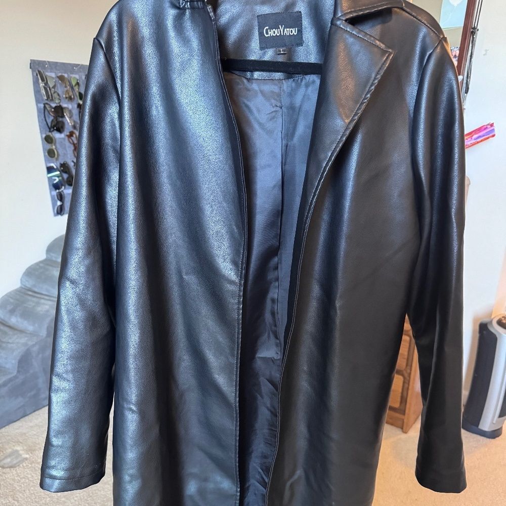 Black Faux Leather Trench Coat – Sleek, Modern, Statement Piece